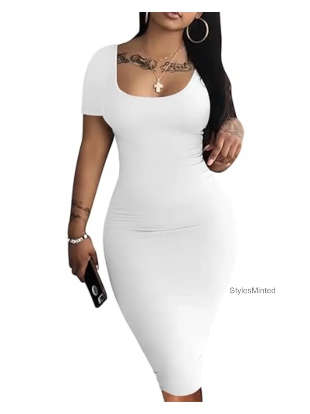 Bodycon Midi Dress Short Sleeve Crew Neck Slim Fit Comfy Stretch Clubwear